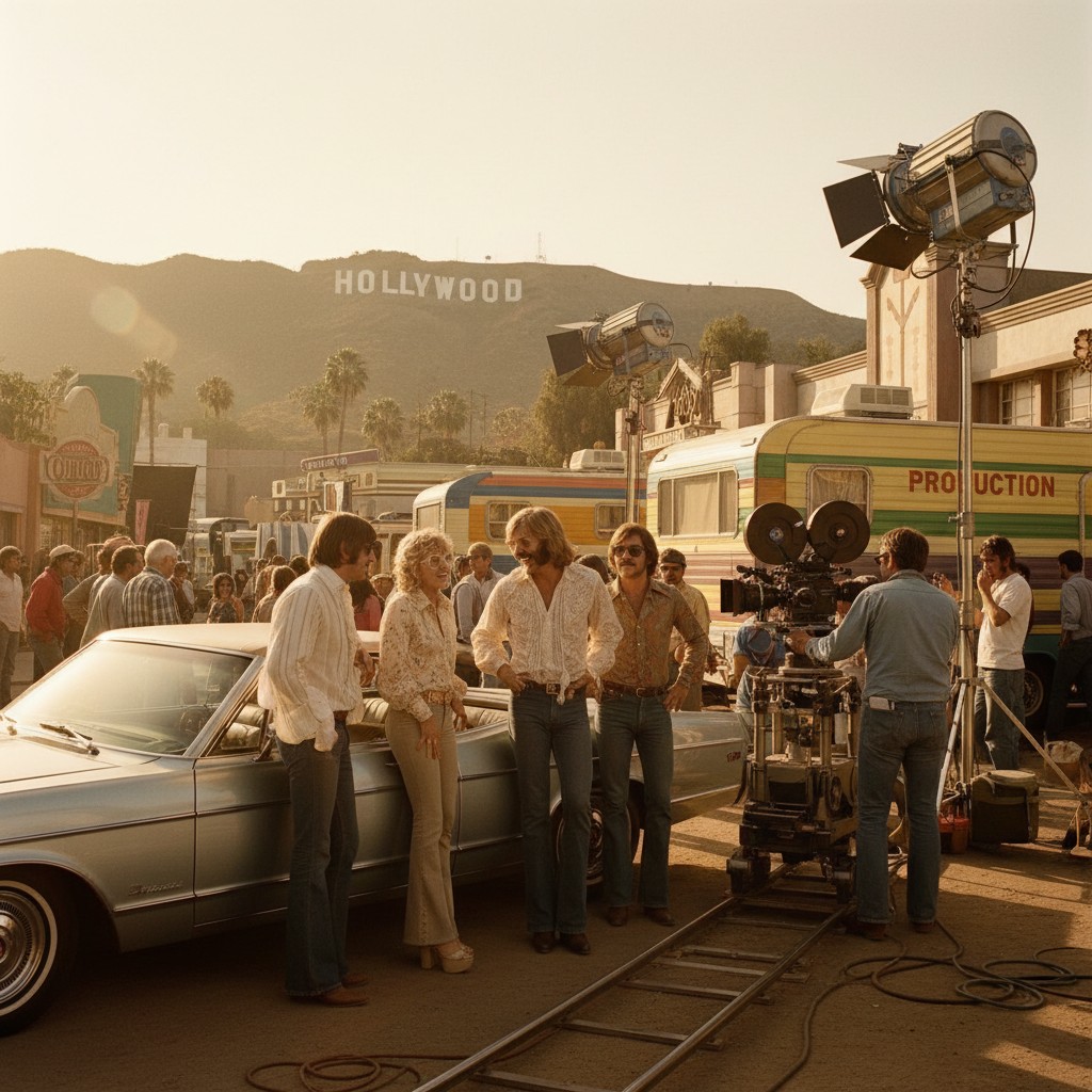 A vintage film set in 1970s California: Behind the camera: Mervyn & Primrose novices denim bell bottoms 1950s ford convert...