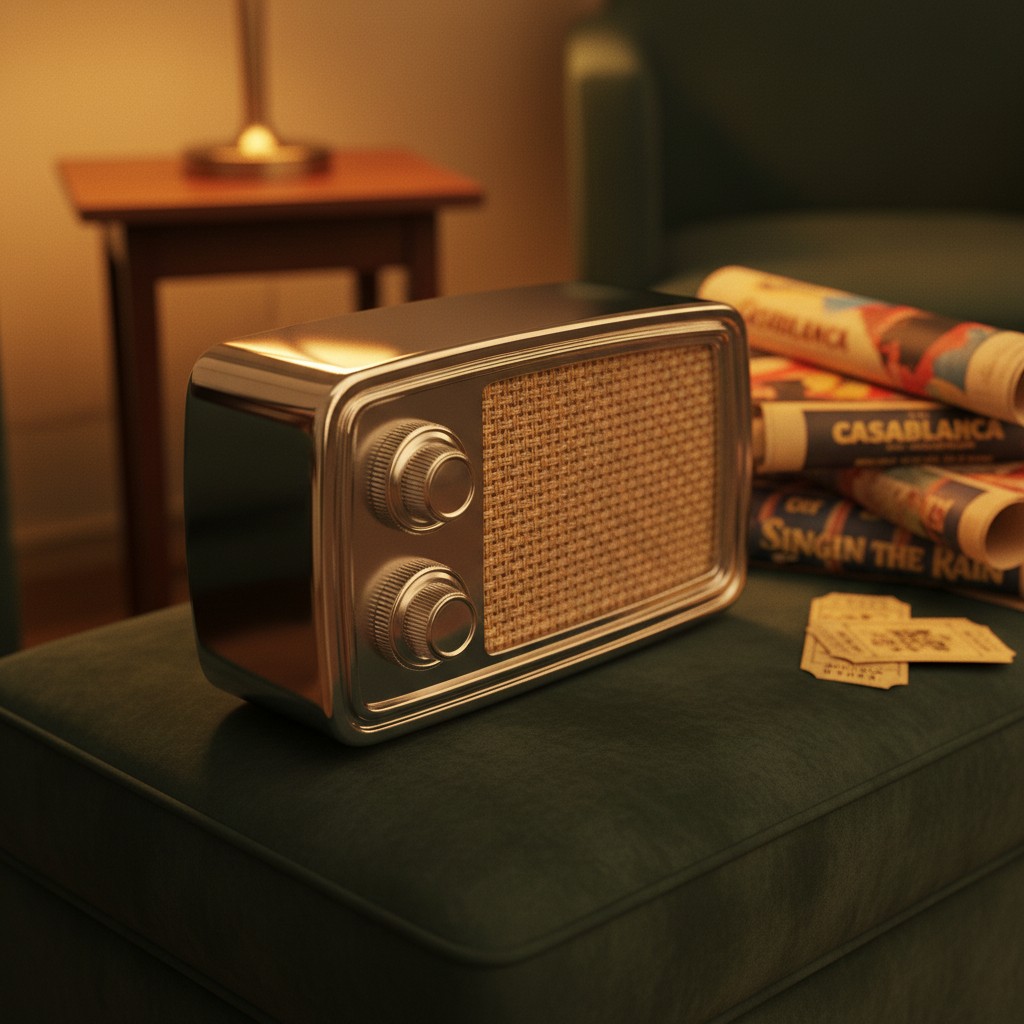 A medium-sized radio with a bamboo and silver face features two dials, sitting upon a green ottoman accompanied by a stack...