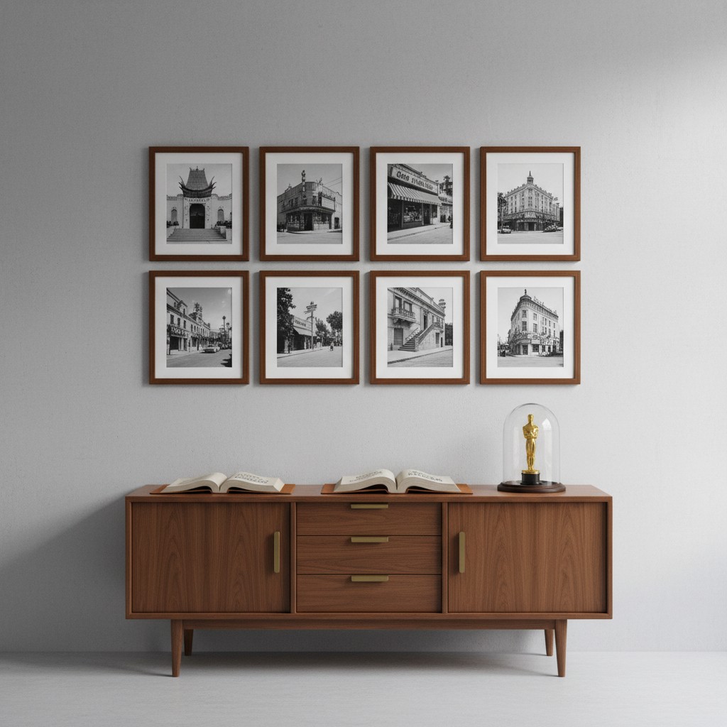 A wooden sideboard with framed city-building photographs hung above. A simple wooden sideboard with three drawers, two cup...