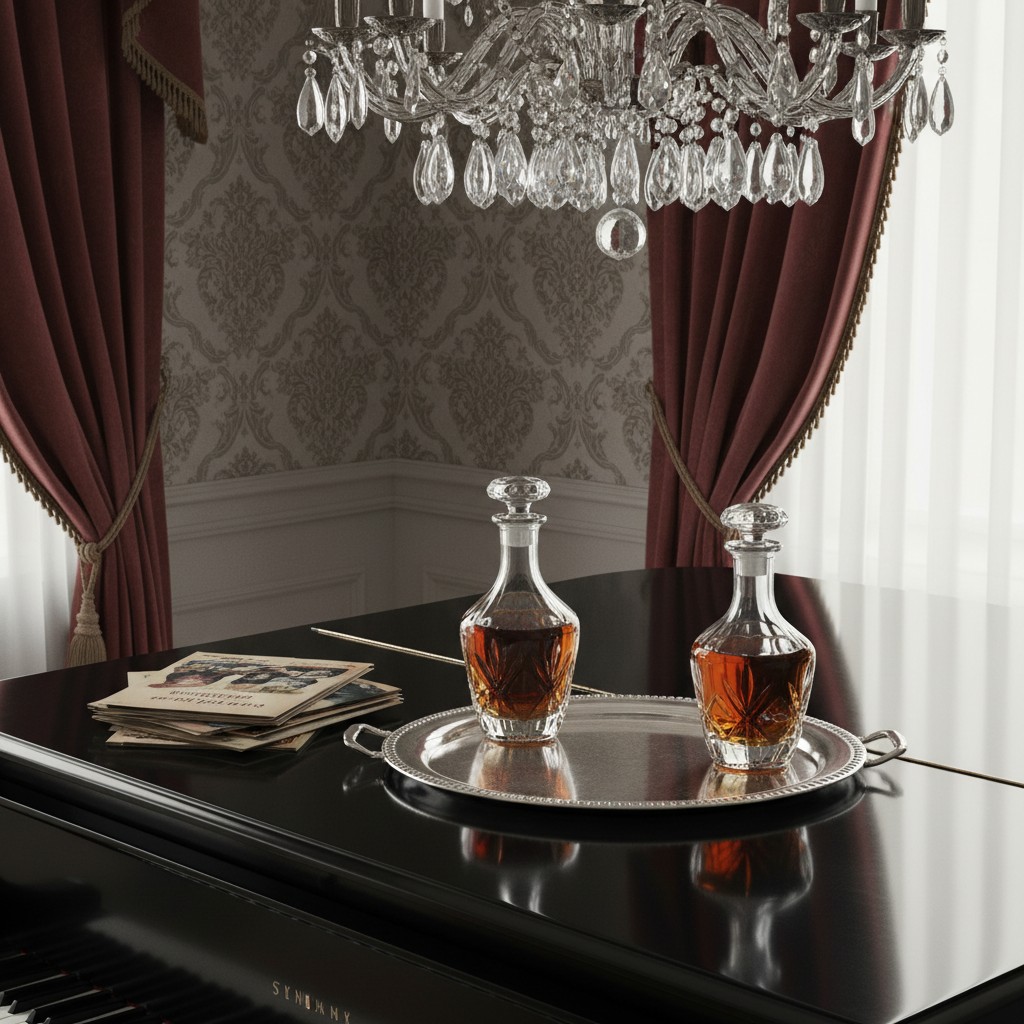 Two glass decanters, filled with an amber liquid, sit atop a silver tray, and a stack of old photo cards. They rest on an ...