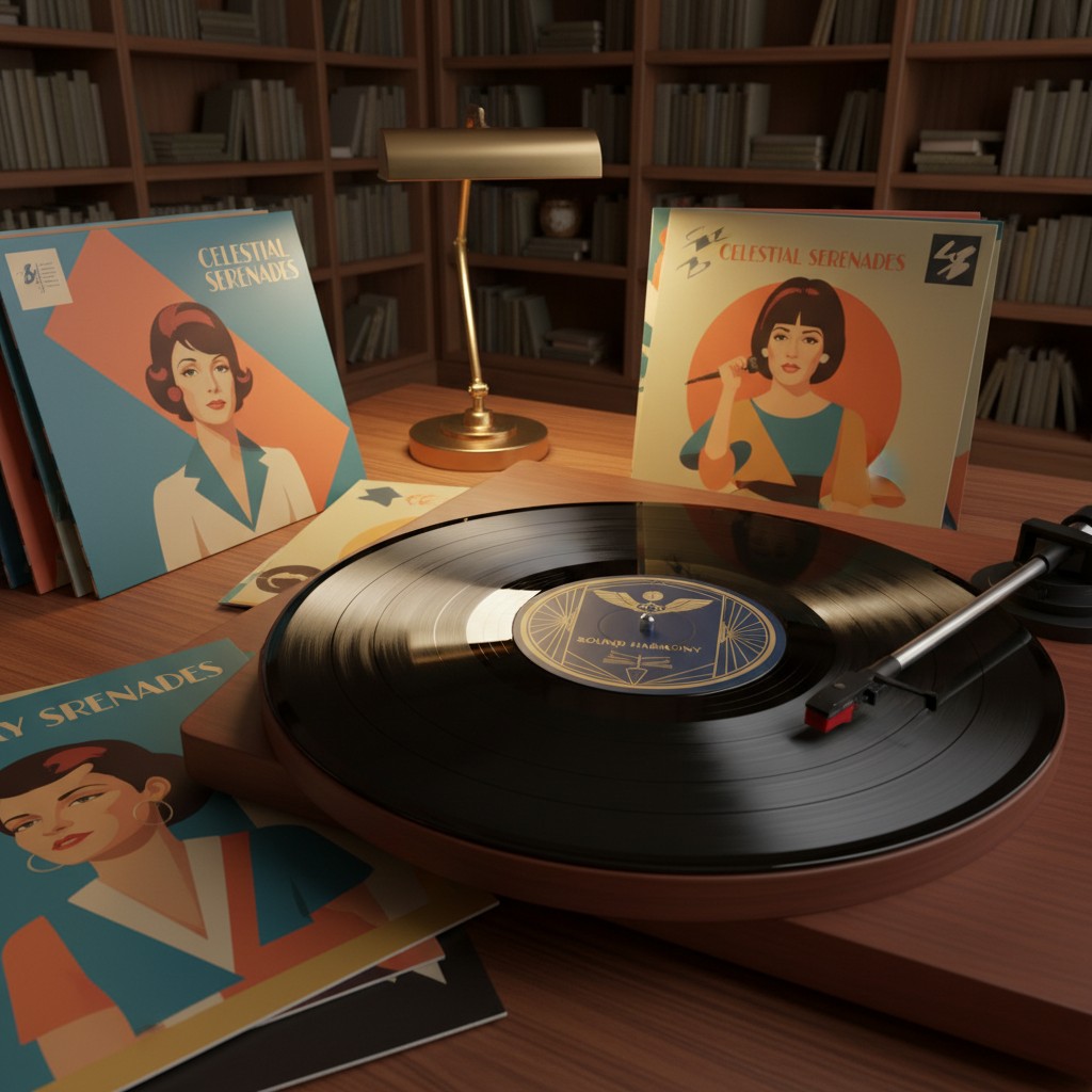 Vinyl record player on a wooden desk surrounded by albums with a lamp and books in the background. The album covers featur...