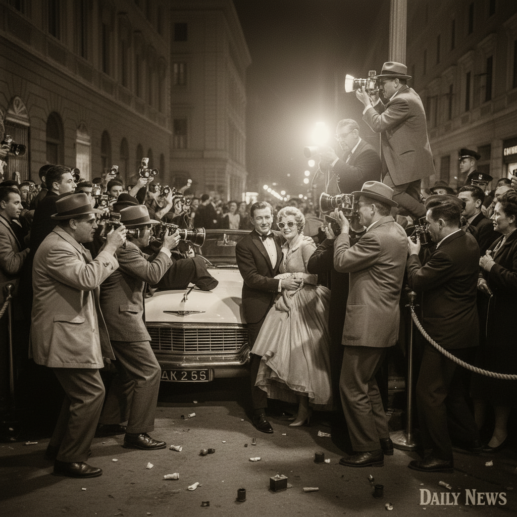 a vintage paparazzi photo with a strong news vibe, reporters with cameras at a press event, black and white or sepia toned